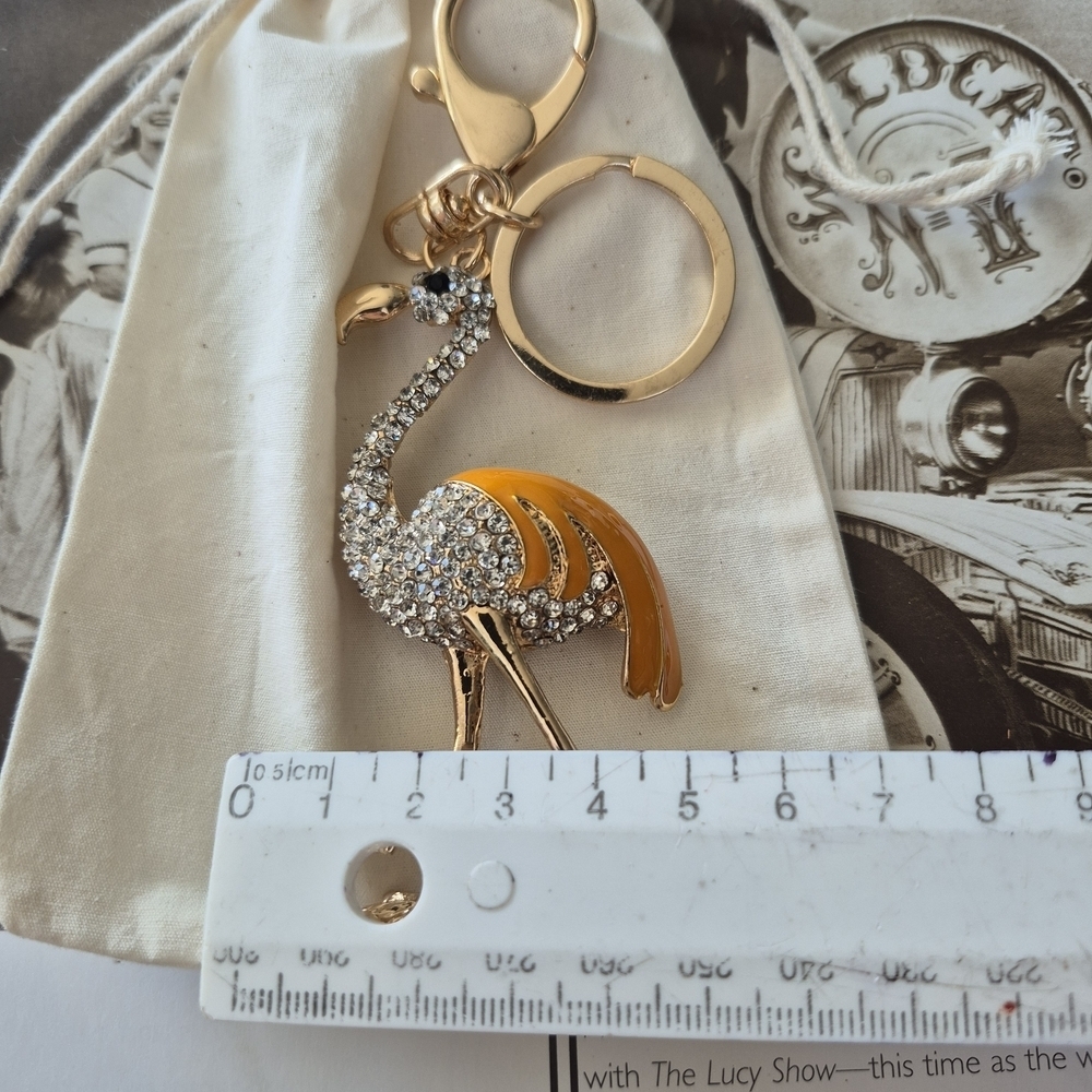 Gold And Caramel .Flamingo Keychain / Purse Charm Encrusted With Rhisnestones - Picture 6 of 7